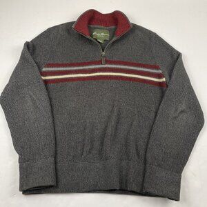 Eddie Bauer 1/4 Zip Knit Sweater Men’s L Gray Ribbed Cotton Mock Neck Pullover